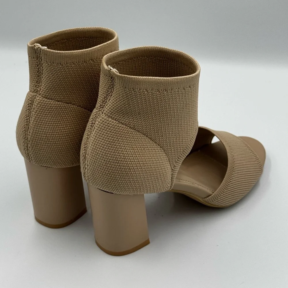 Neutral Sock-Heel Sandals Ankle Strap Block Heels Cream Tan Size 6